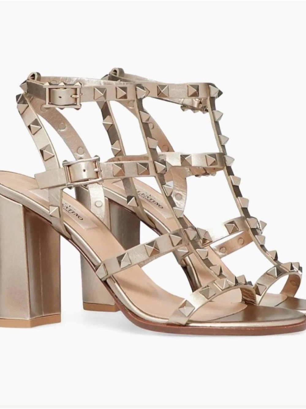 Valentino Garavani Metallic Nude Pyramid-Stud Block Heel Sandals